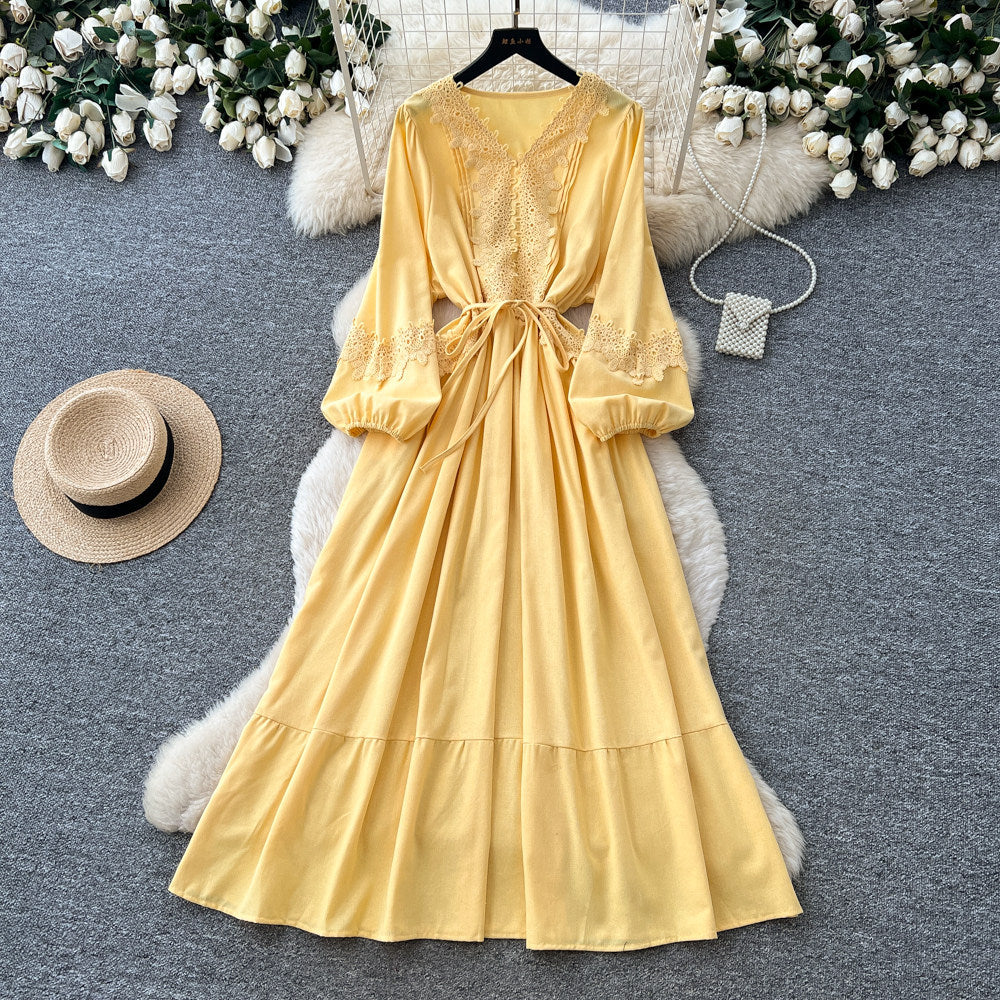 French chic lantern sleeve crochet embroidered dress - women's summer korean style tie-waist a-line maxi dress