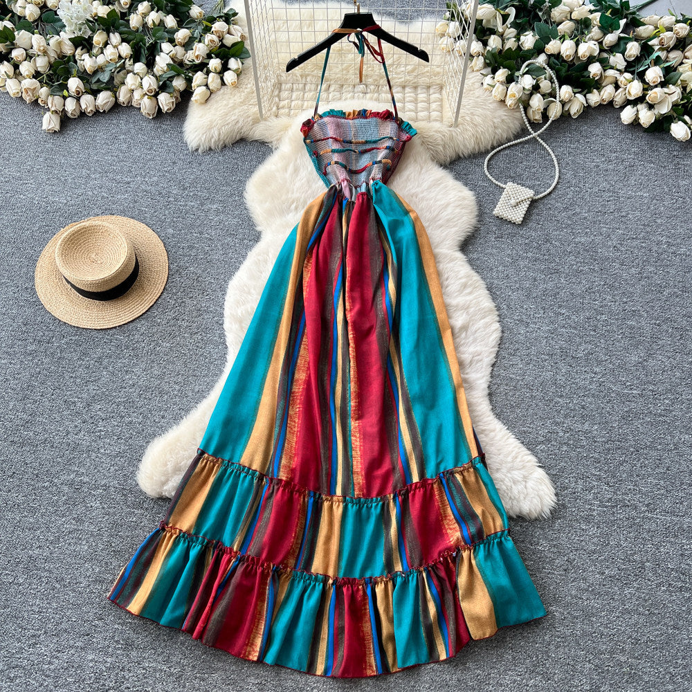Dopamine dress rainbow stripes backless dress women's summer high waist k-style a-line long skirt vacation style beach skirt