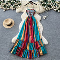 Dopamine dress rainbow stripes backless dress women's summer high waist k-style a-line long skirt vacation style beach skirt