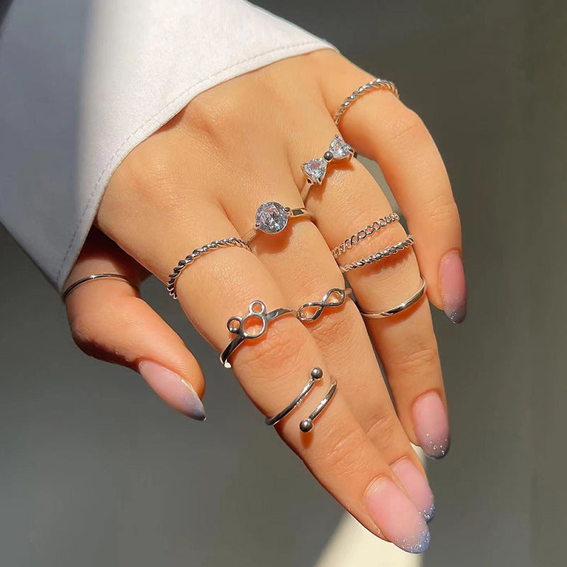 Wholesale bowknot rings: european and american cross-border accessories, women's ins-style niche high-end diamond 10-piece silver jewelry set