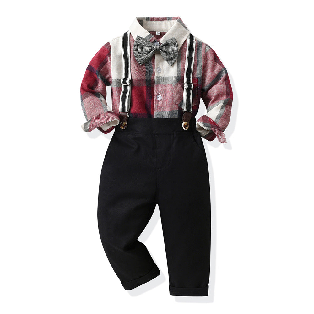 Kids' formal wear: spring/autumn preppy overalls, boys' long-sleeve plaid shirt set, baby's first birthday photography outfit