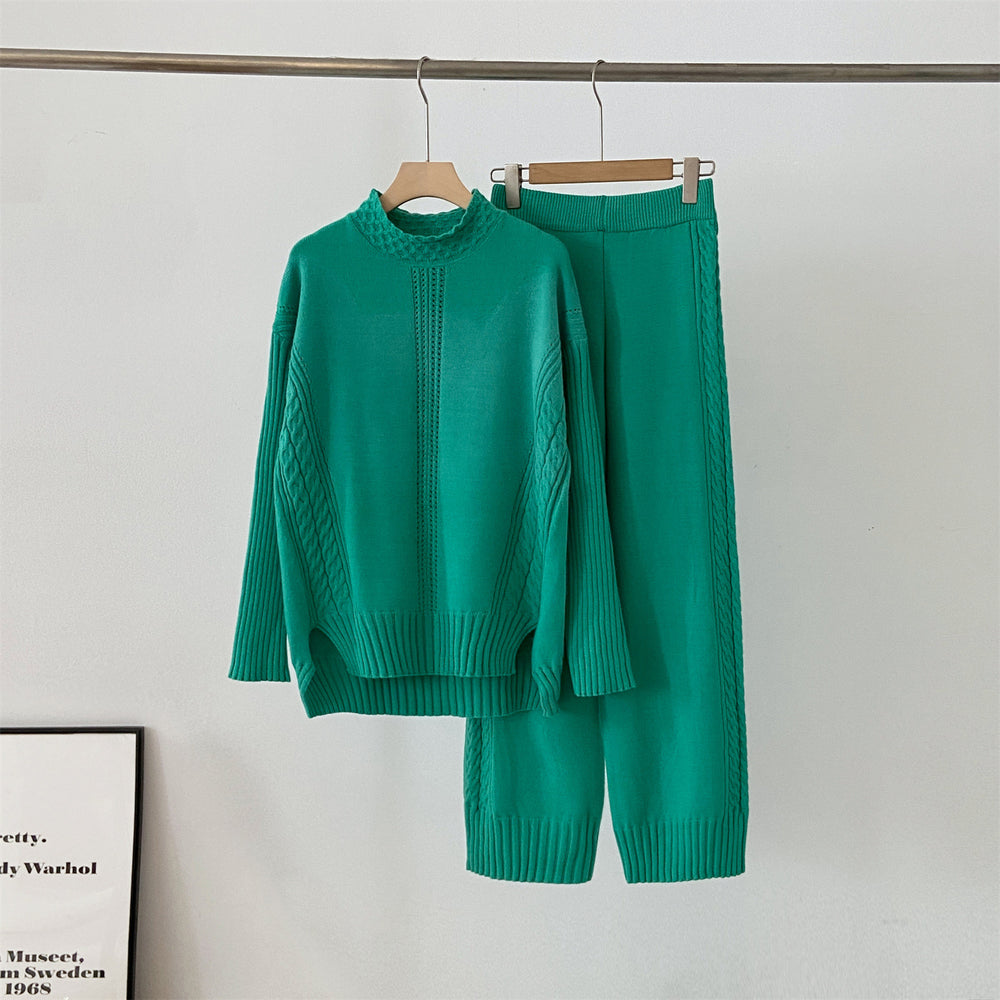 export  fall/winter new collection: turtleneck sweater set - relaxed fit long sleeve top + wide leg knit pants set