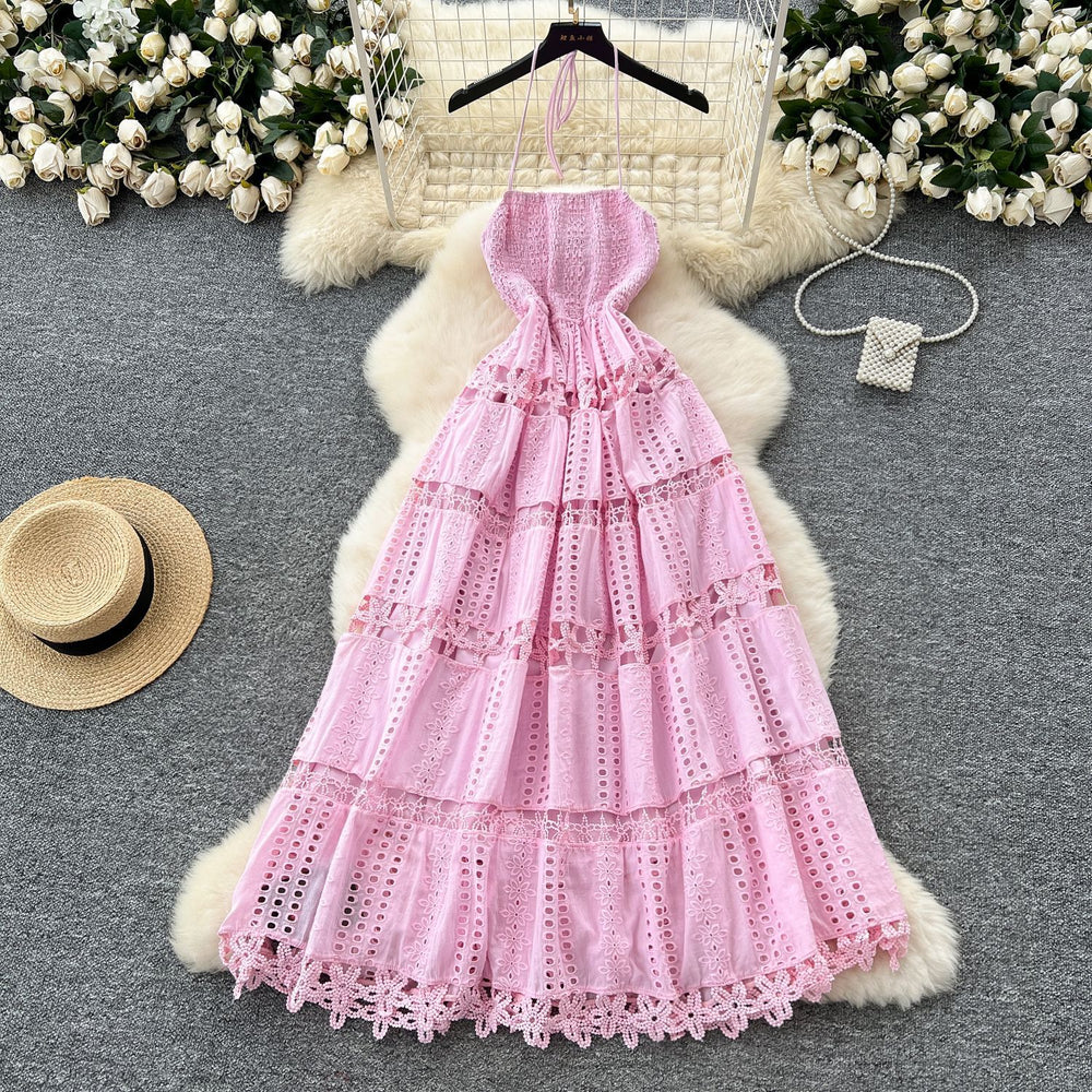 French chic halter neck backless dress - women's summer cutout crochet waist-defining elegant maxi vacation dress