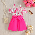 Girls' summer outfit: off-the-shoulder cami top with floral print and peach pink shorts with belt - two-piece set for export