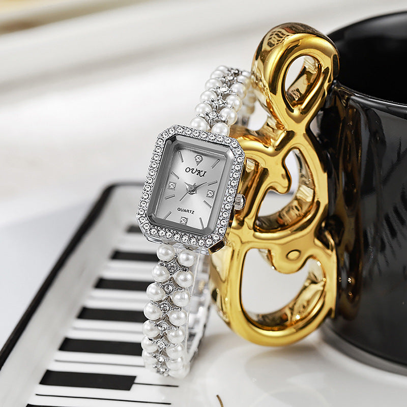 Ouki retro vintage chanel-style pearl bracelet watch - women's elegant, niche, and fashionable chain watch in gold