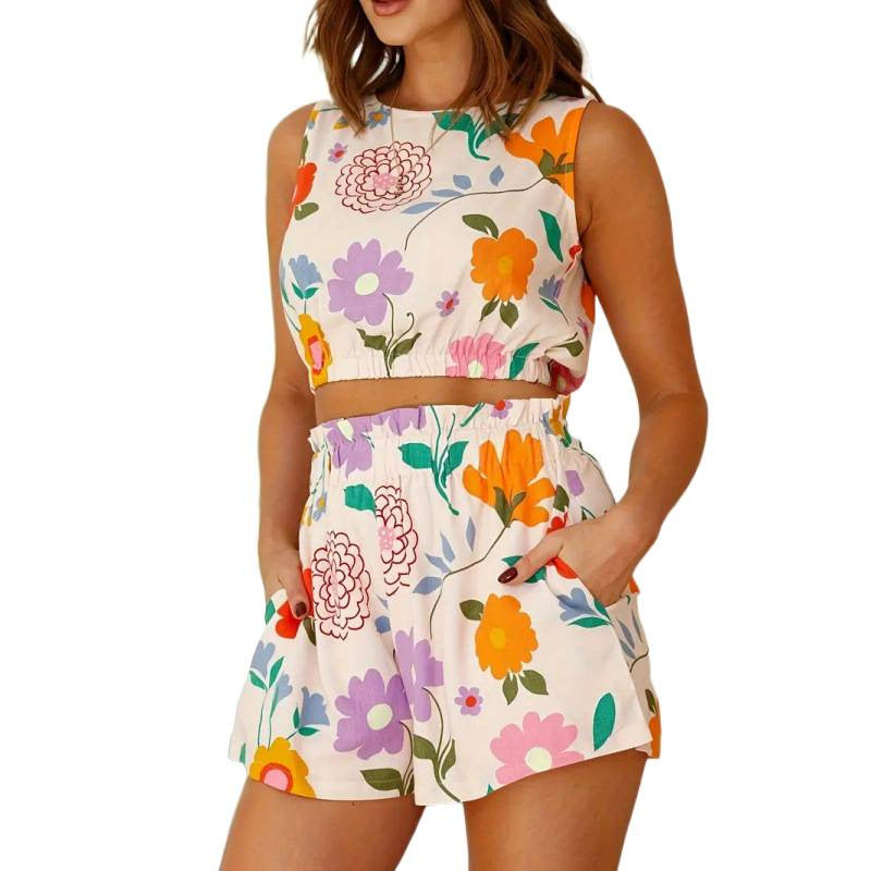 Shipped! bestselling sleeveless two-piece set for women's independent e-commerce stores: new, lightweight, european & american style, printed casual outfit