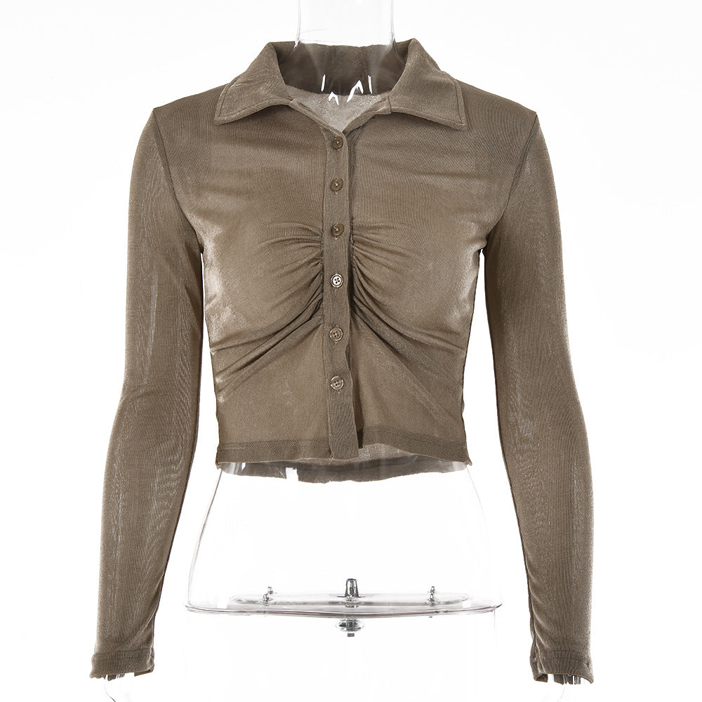 Europe and America ins2022 summer new retro cardigan pleated single-breasted T-shirt solid color sexy lapel shirt top women