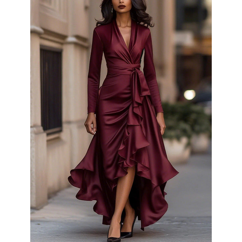 New european and american independent website style: cross-border satin v-neck, cinched waist, ruffle hem, elegant dress