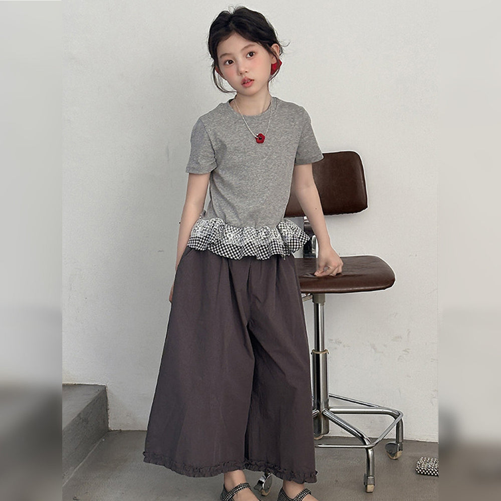 Korean style girls' plaid lace short-sleeve t-shirt set,  new arrival, super cute wide-leg pants two-piece outfit for mid-to-large children