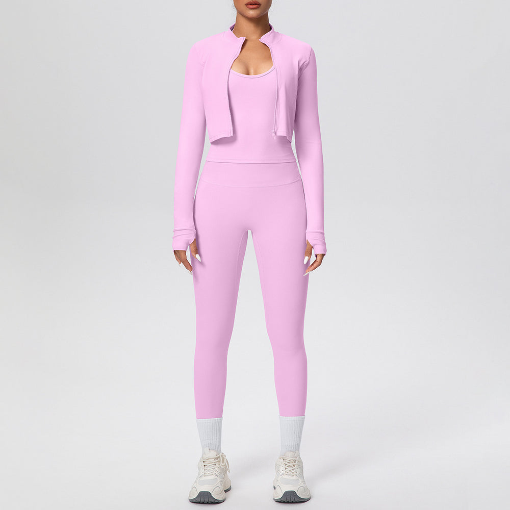 brushed tight drawstring halter vest nine-point long three-piece set sports running fitness yoga suit