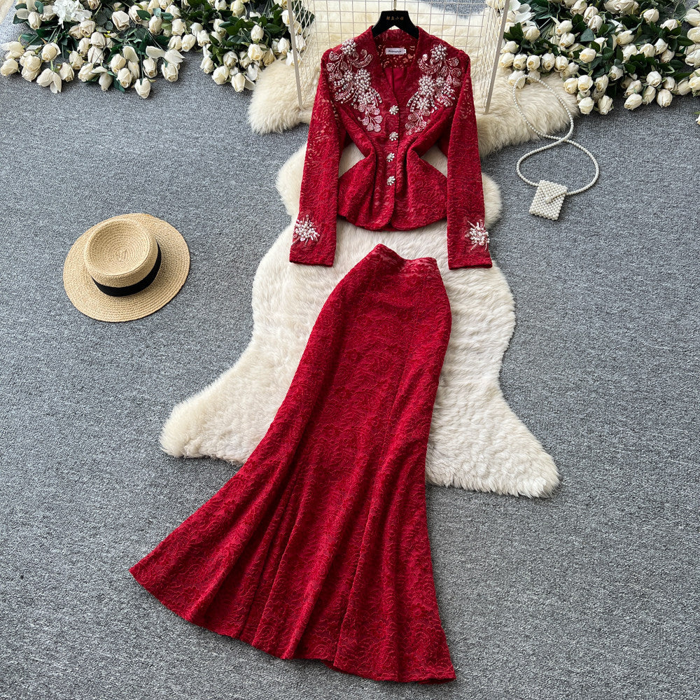 French chic embroidered beaded v-neck lace two-piece set - women's autumn slim-fit high-end beaded elegant outfit
