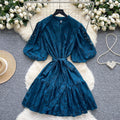 Accessible luxury palace style puff sleeve dress women's summer mesh embroiderpatchwork stand collar design elegant royal sister short skirt