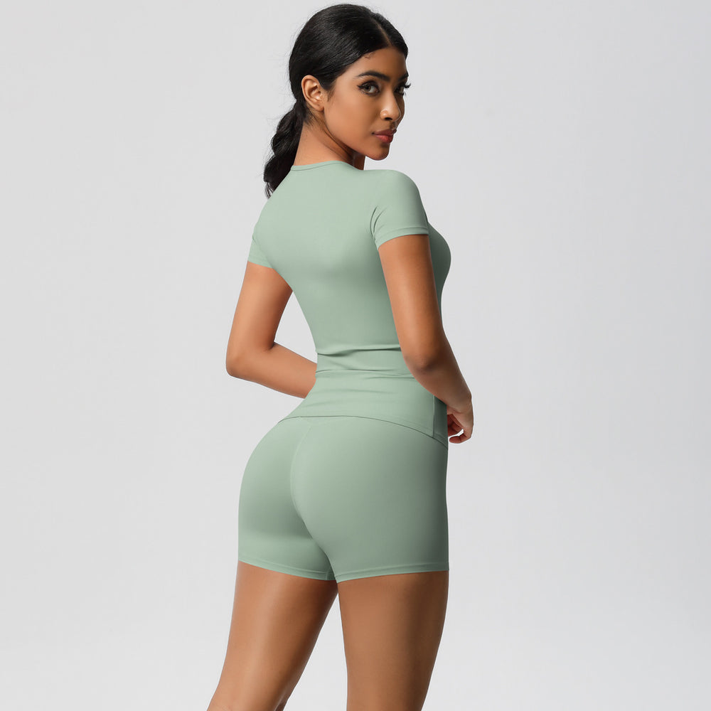 European and american nude feel tight-fitting short-sleeve t-shirt yoga outfit high-waisted butt-lifting quick-dry shorts running sports fitness set for women