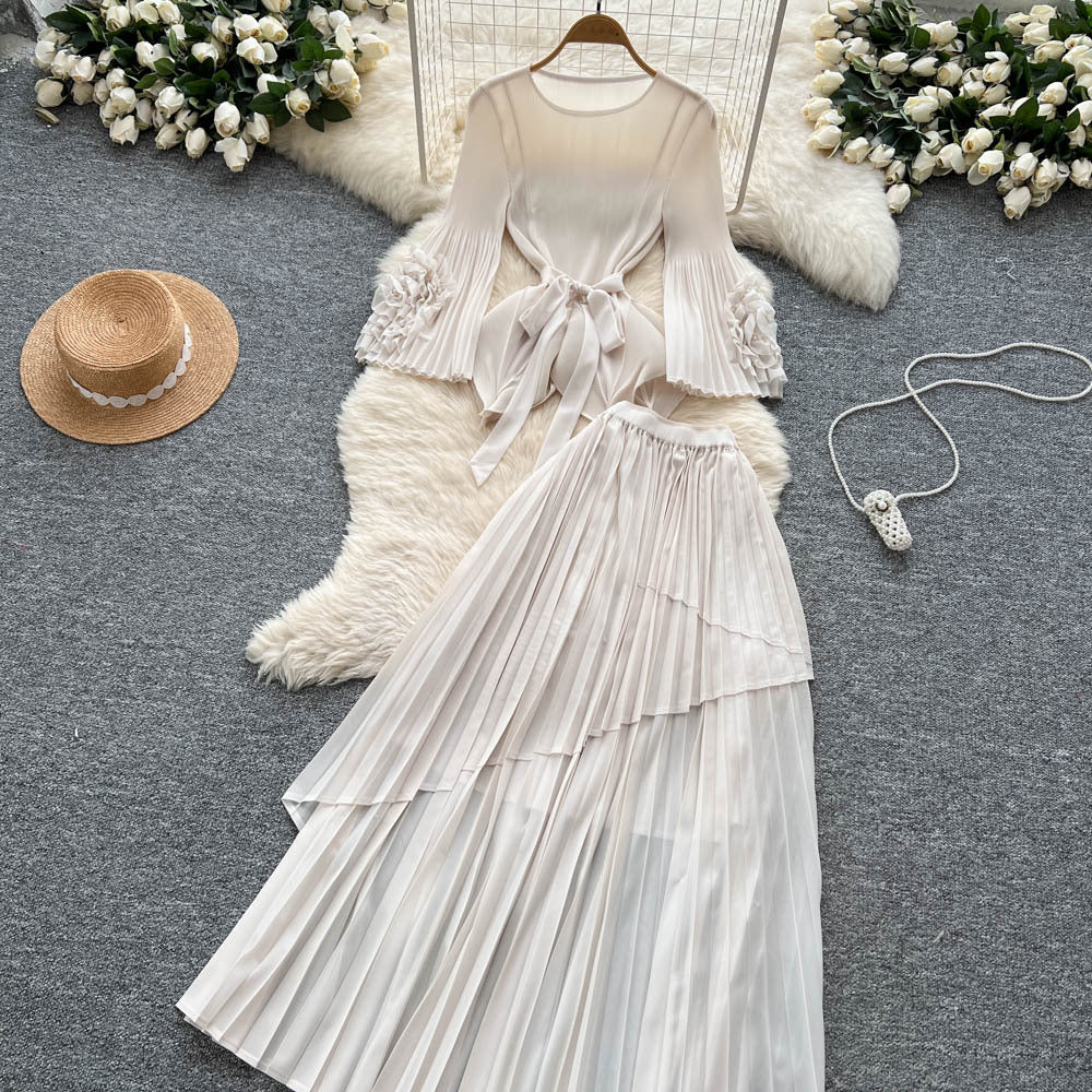 Fashionsense of design strappy waist flared sleeves asymmetrical pleated topshigh waistslimming look large swing skirt suit