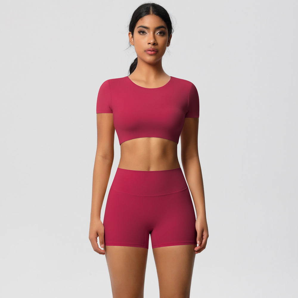 European and american nude feel quick-dry short sleeve yoga set with padded bra, compression workout training shorts, running fitness outfit