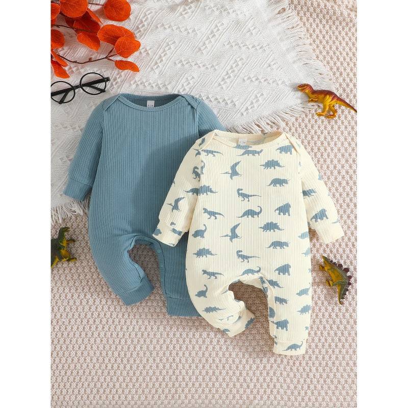 newborn & infant casual long-sleeve solid color romper with dinosaur print romper two-piece set