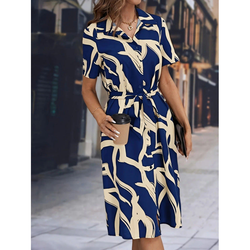 Shipped: cross-border european and american retro slim-fit printed vacation maxi dress with belt, v-neck, and short sleeves for women