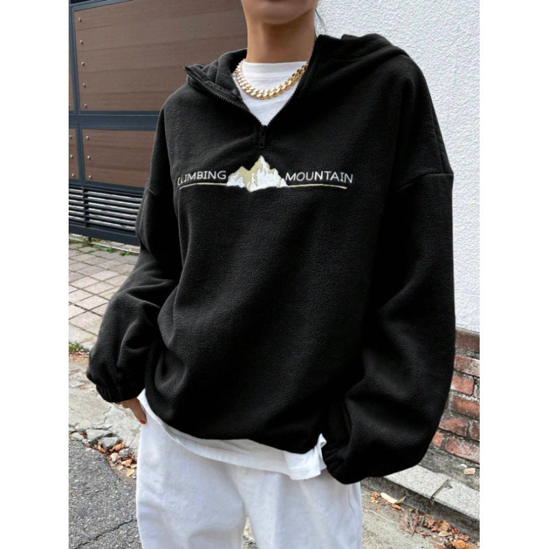 Pure colorletterembroiderprintinghooded sweatshirtloose lazy style stand collar with zipperfashion cross-borderautumnew arrival