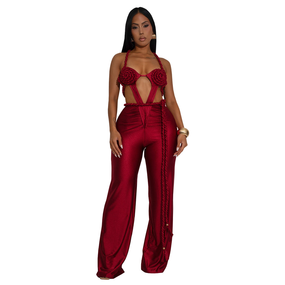 C7557 cross-border   fashion women's solid color sexy bandeau backless tie-up jumpsuit