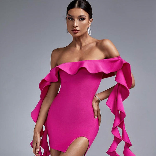 Cross-border European and American new one-word shoulder tube top, ruffle edge streamer hip-wrapped short skirt, solid color celebrity dress dress dress