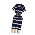 Polo collar short-sleeved stripesknittingdress women's summernew arrival hip-hugging slimming lookniche stylecut outv neck mid-length skirt