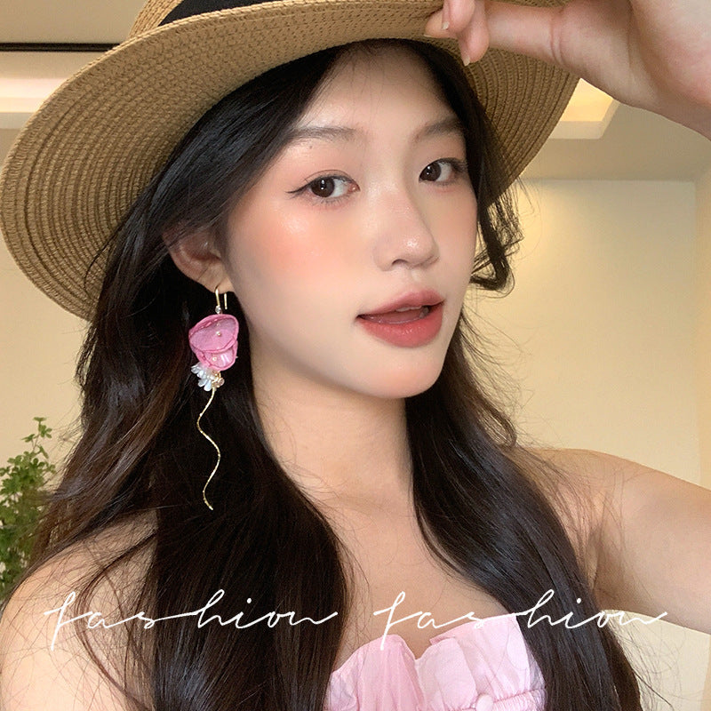 French fairy pink flower tassel stud earrings - unique, high-end, statement earrings for women - beach vacation style, niche jewelry