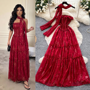 Korean style red floral print dress - women's  summer collection: sweet & sultry, high-waisted a-line maxi dress, perfect for vacation, soft & elegant