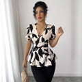 European and american cross-border women's summer  v-neck puff sleeve cinched waist printed design commuter blouse