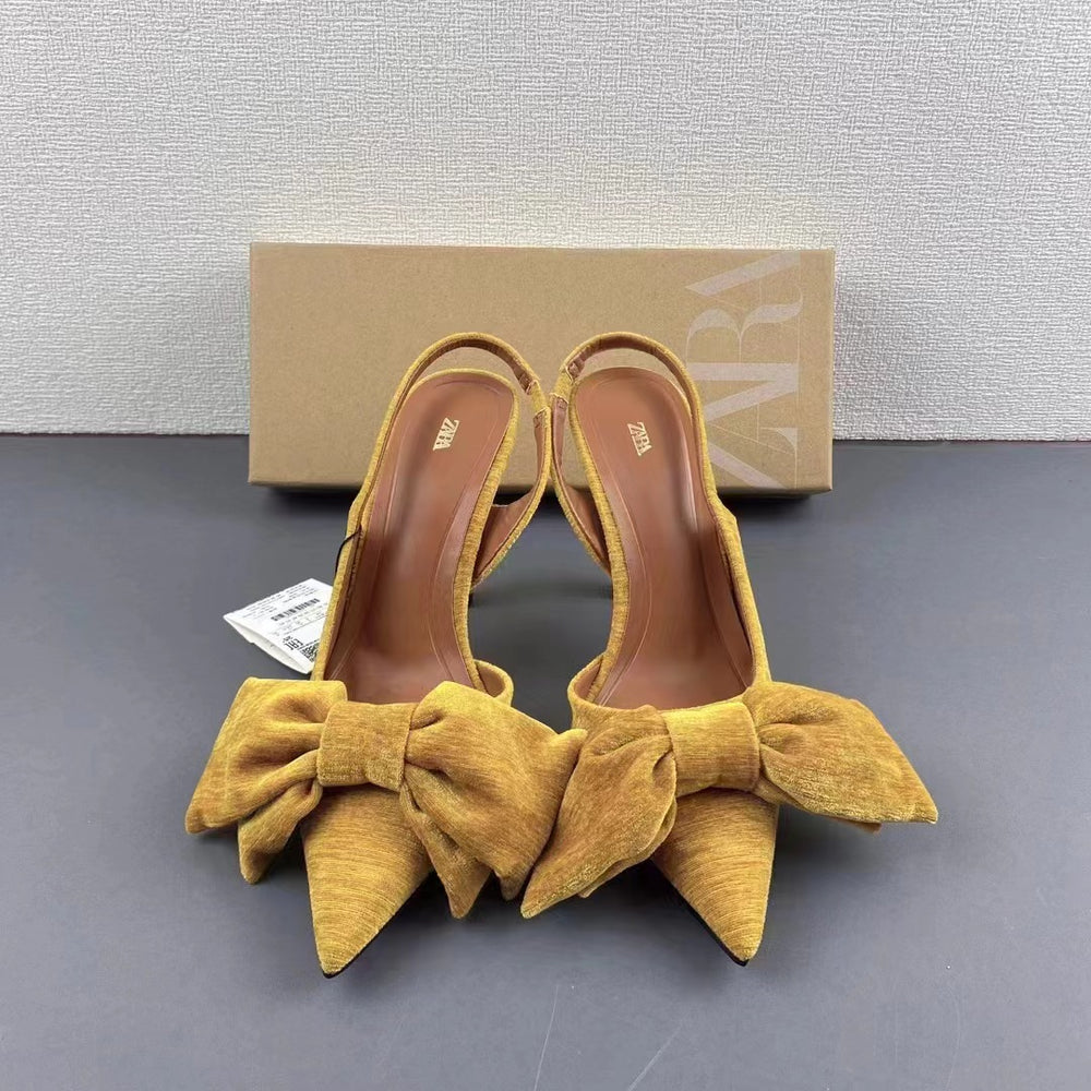 Spain 2024 summer new arrival: patent leather peep-toe mules with back strap, bow detail, and pointed toe high heels