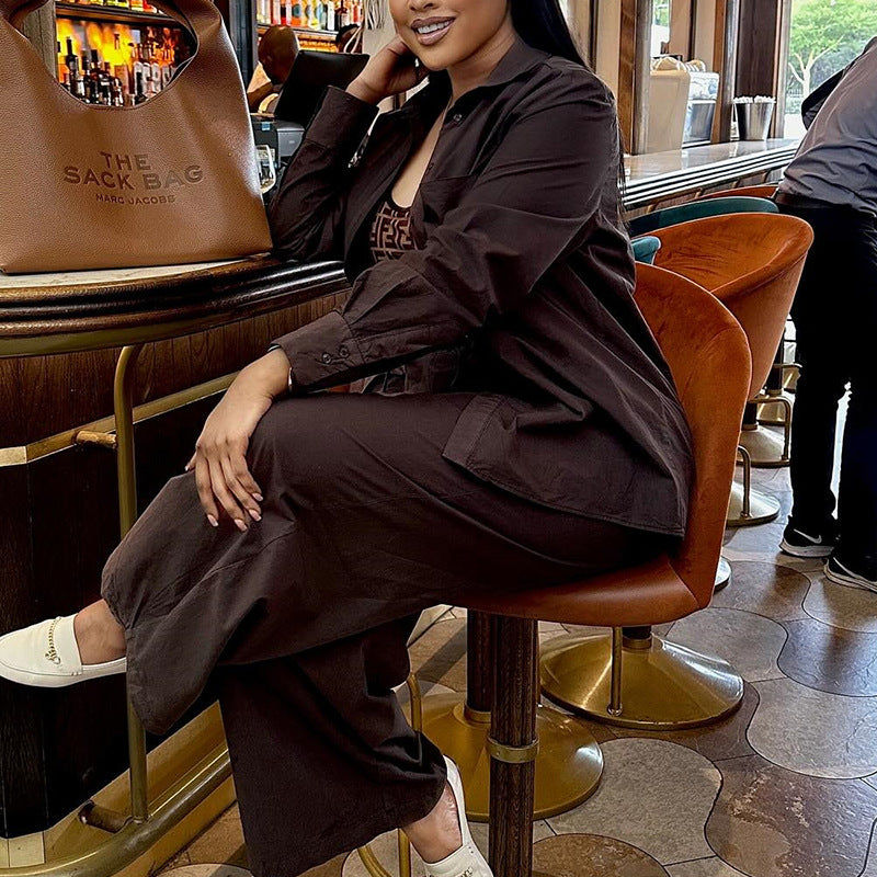 European and american cross-border women's fashion:  autumn/winter new collection - stylish notch lapel brown long-sleeve shirt and wide-leg trousers casual set