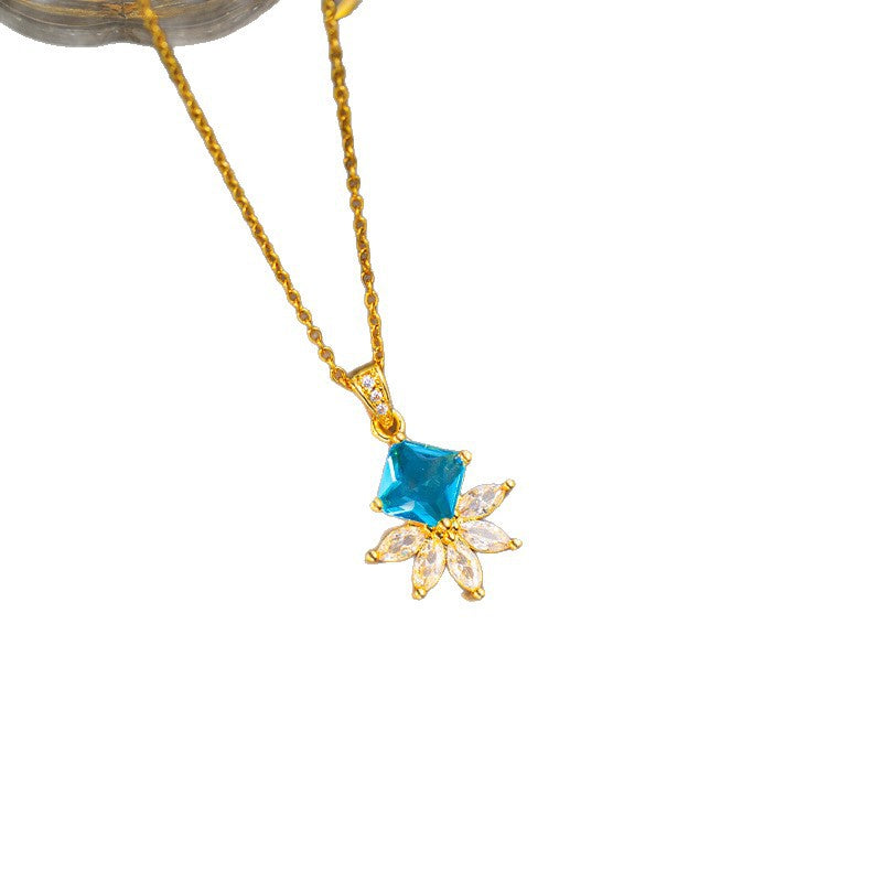 New japanese and korean style copper inlaid zircon blue zircon necklace, earrings, and ring set - unique design, high-end fashion, sweater chain jewelry