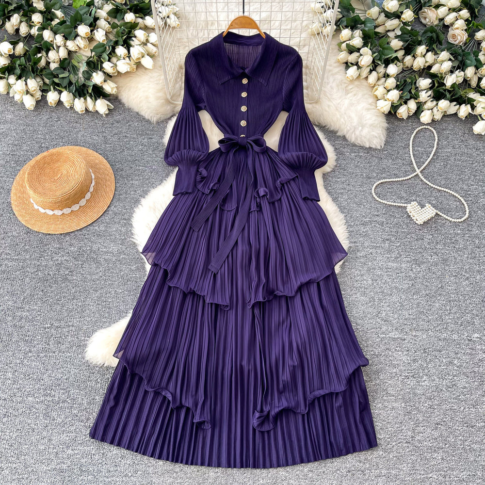K-style lantern sleeve dress women's waist strap rufflespleated cake skirt slimming look long skirt