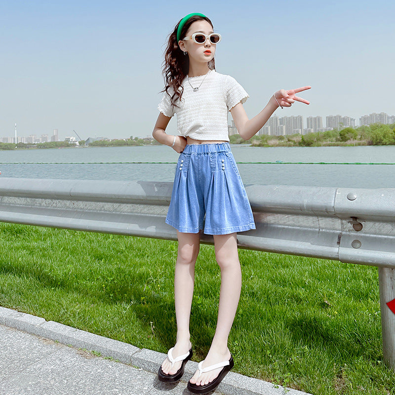 Girls' shorts summer pants outerwear girl's denim shorts  new children's lightweight tencel trendy shorts for big girls