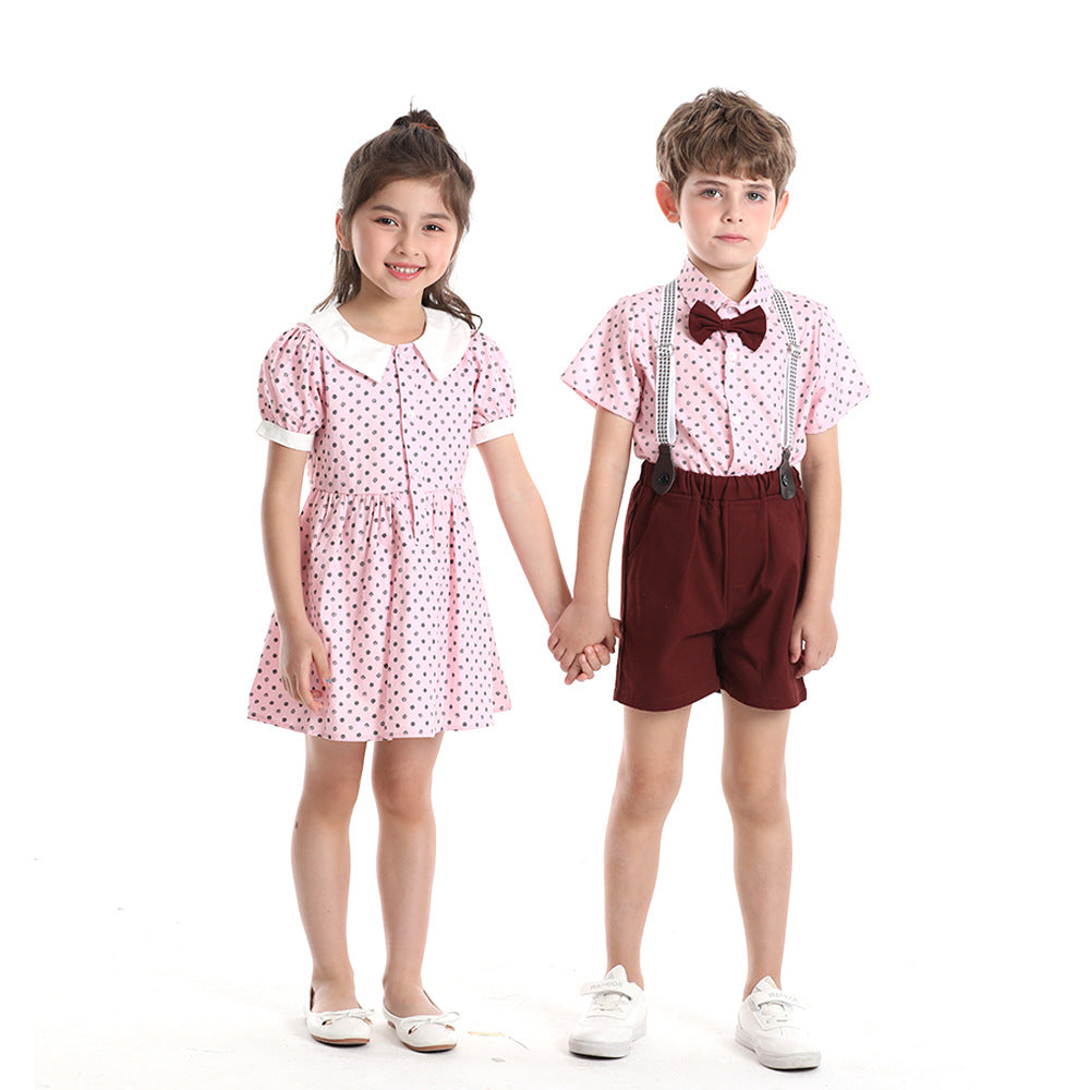 New children's clothing wholesale: boys' pink short-sleeve shirt & overalls set - perfect for children's day, birthdays, performances, and special occasions