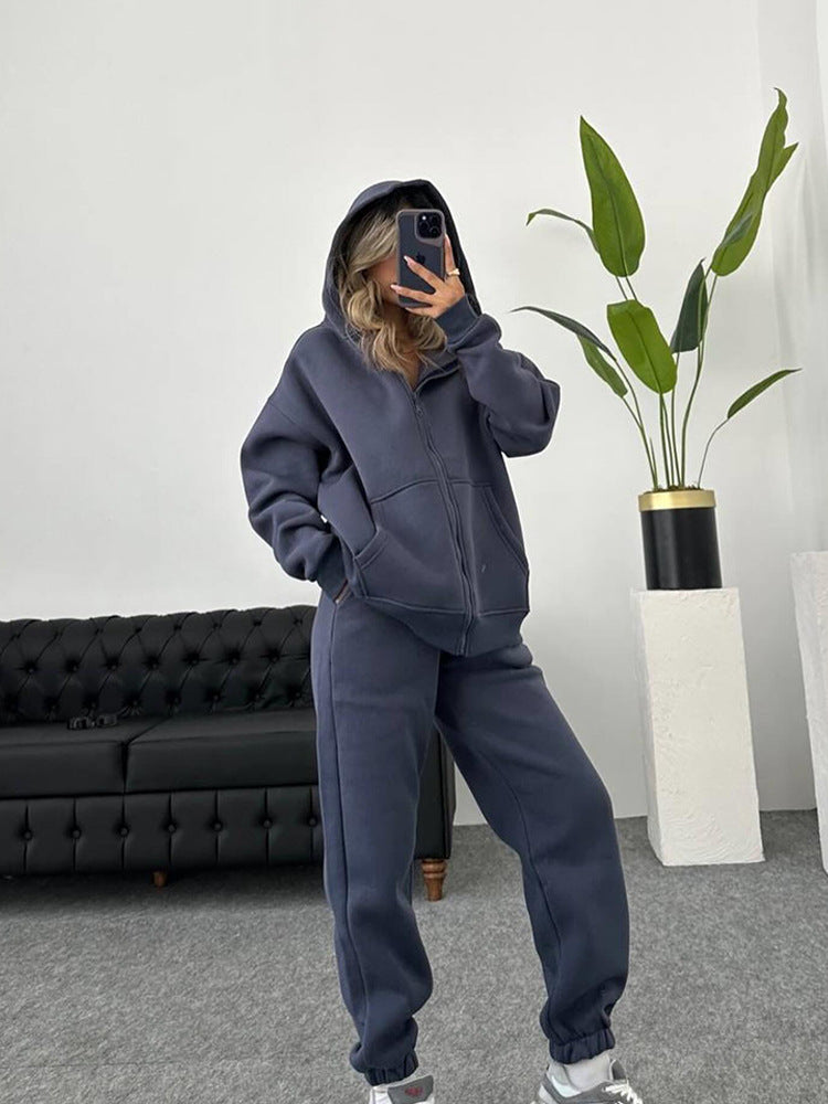 European and American independent station  autumn and winter  women's clothing fashion long-sleeved hooded sports cardigan casual trousers set