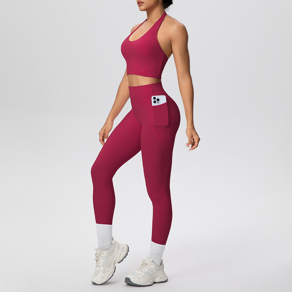 New women's solid color brushed halter tank top and pocket pants yoga set - two-piece activewear for running and fitness