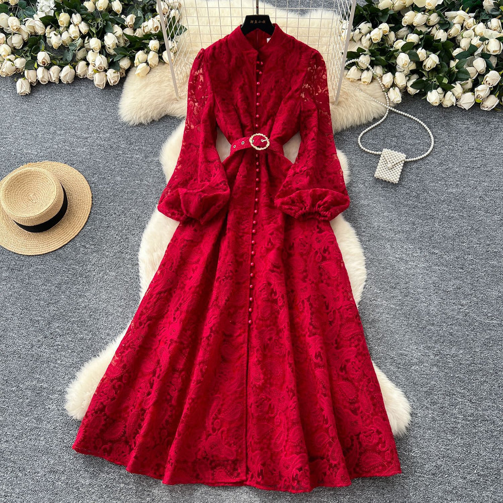 High-end elegance women's dress  new arrivalfrench heavy industry crochet waist single breasted silm lace long skirt