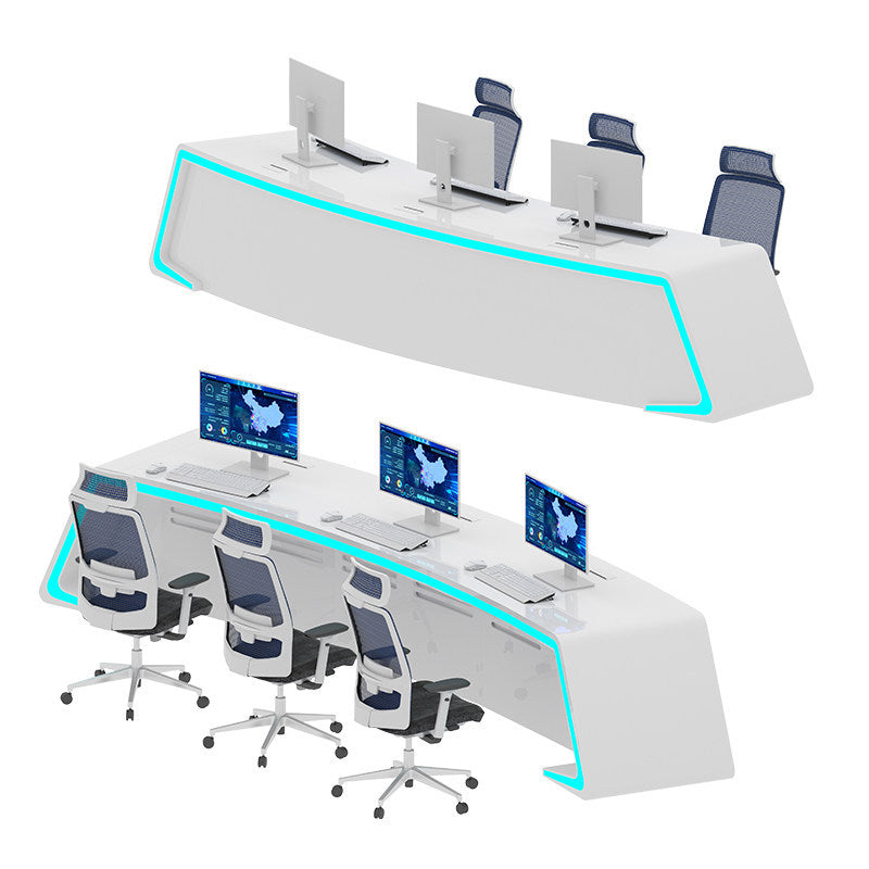 Saint li's futuristic surveillance console, command center curved control desk, central control room monitoring station, and workstation