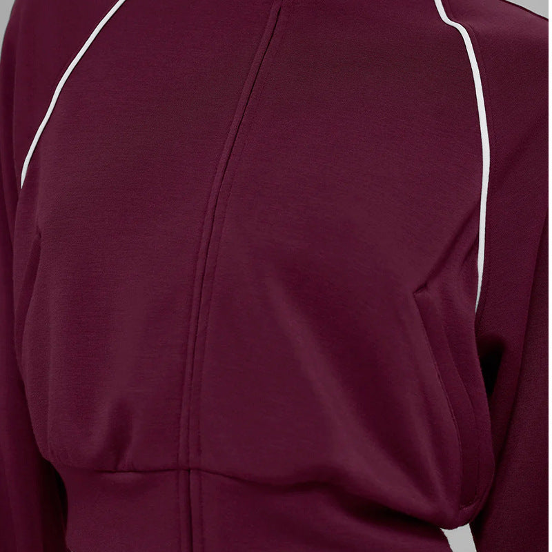 Fall and winternew arrivalmodal air layer sandwiched with white strips breathable stand collar zipper outwear short skirt casual sports suit for women