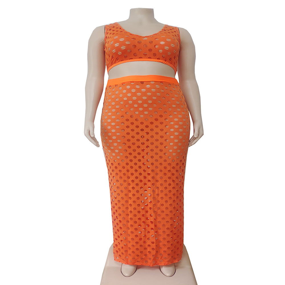 European and american cross-border women's fashion:  summer sexy hollow-out mesh tank top + maxi skirt set