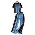 Fashionsuit women's summer hong kong style retro heavy industry hot diamond denim patchwork short sleeve topshigh waistloose straight-leg pants