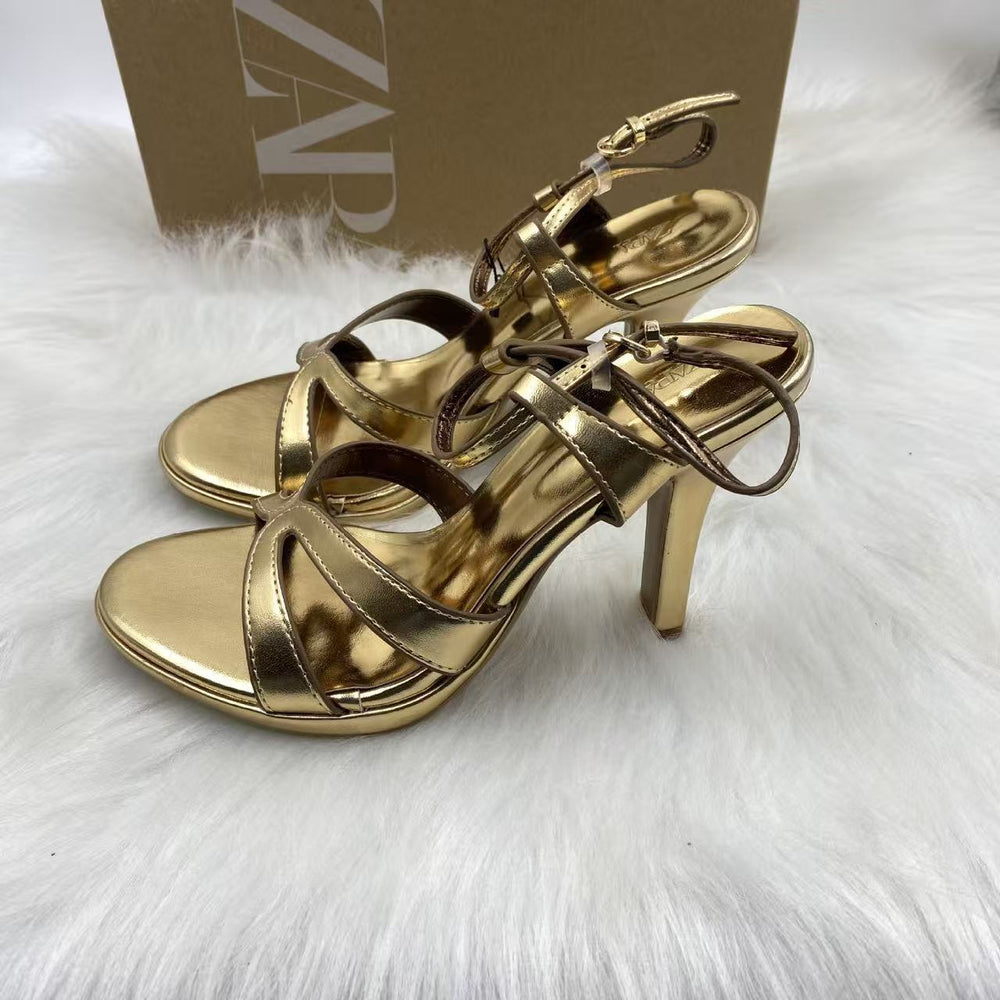 Za2025 new round-toe metal buckle low-cut stiletto heel slip-on elegant european and american style