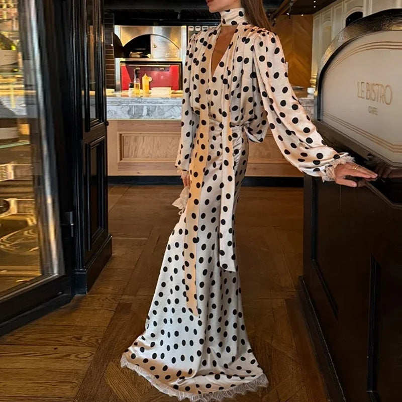 cross-border e-commerce women's fashion: european and american summer new arrivals - vintage polka dot v-neck puff sleeve bodycon dress
