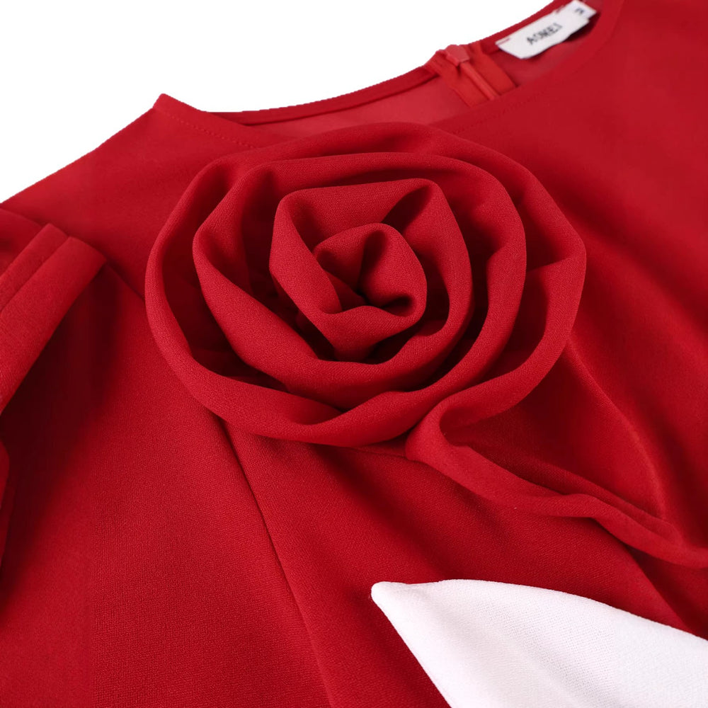 new arrival slimming high-waisted short-sleeve dress - solid color crew neck red 3d floral mermaid dress