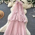 French halter sleeveless sweet age-reducing pleated dress women's summer high waist cake skirt fairy vacation style long skirt