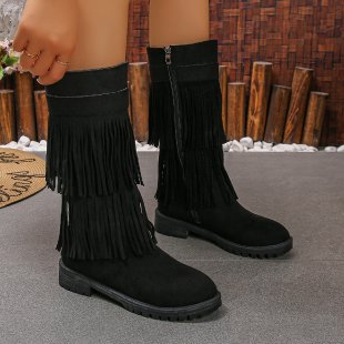 Cross-border large-size boots for women, autumn and winter fringed European and American wind side zipper, retro wind rivet knight boots for women