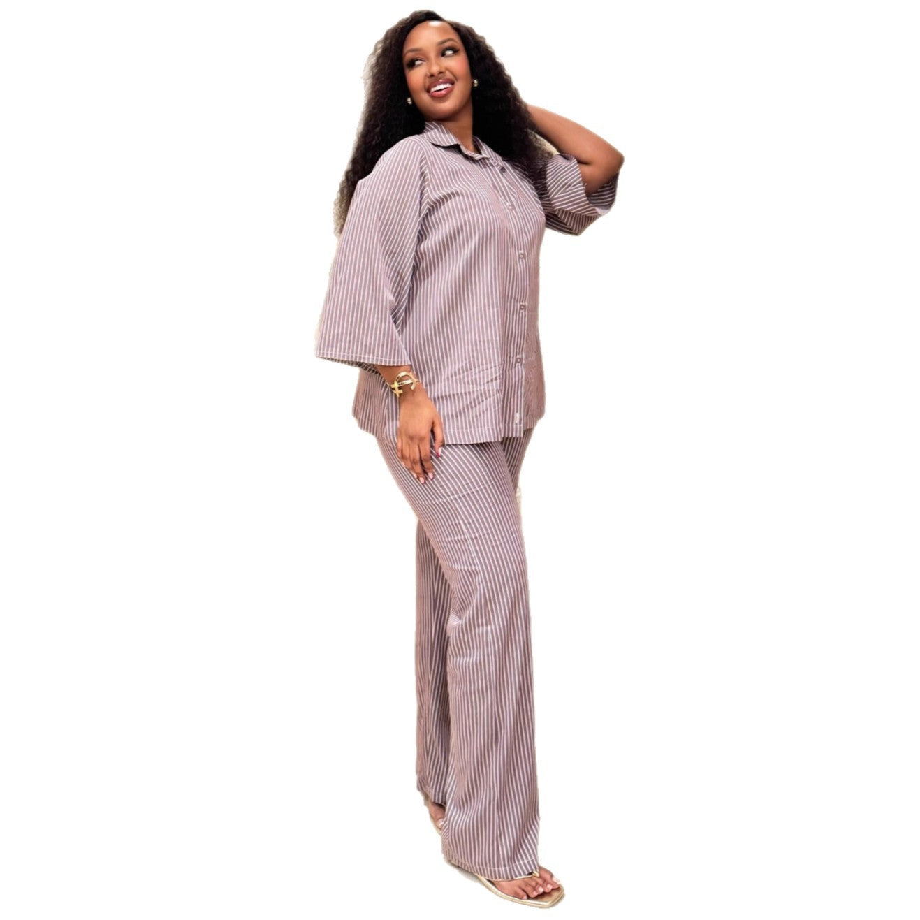 European and American large-size casual women's clothing lapel-neck striped cardigan shirt wide-leg trousers women's African foreign style new two-piece set
