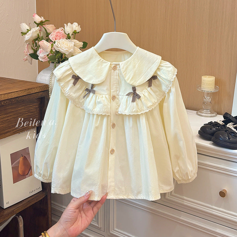 Girls' spring/autumn new style blouse - bowknot lace shirt, trendy and chic versatile outerwear, fashionable top for baby girls