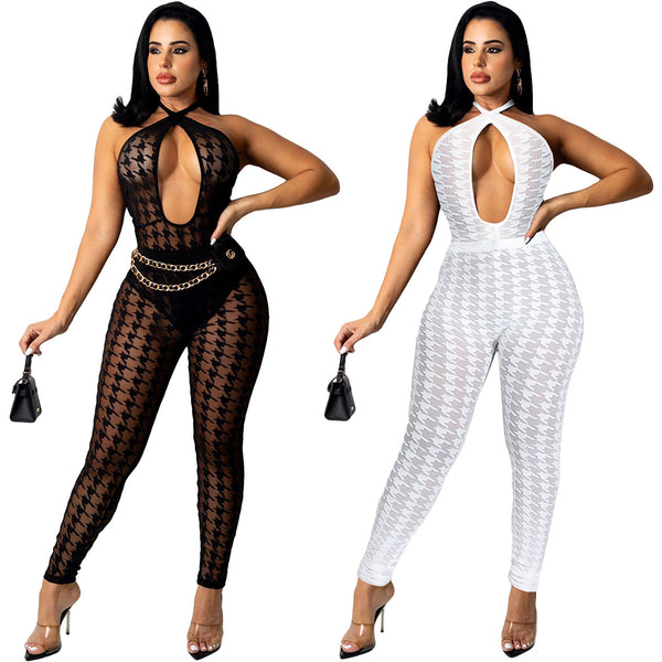 A7198 sexy European and American thousand bird grid mesh V-neck waist two-piece shorts nightclub