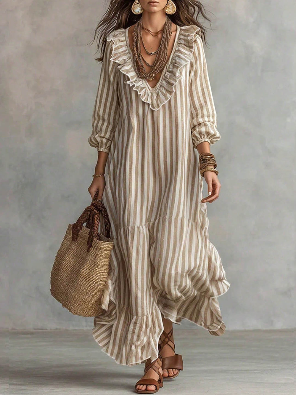 Vacation casual style vertical stripes mid-length skirt v neckrufflespatchworklooseslimming looklong sleeves flowydress